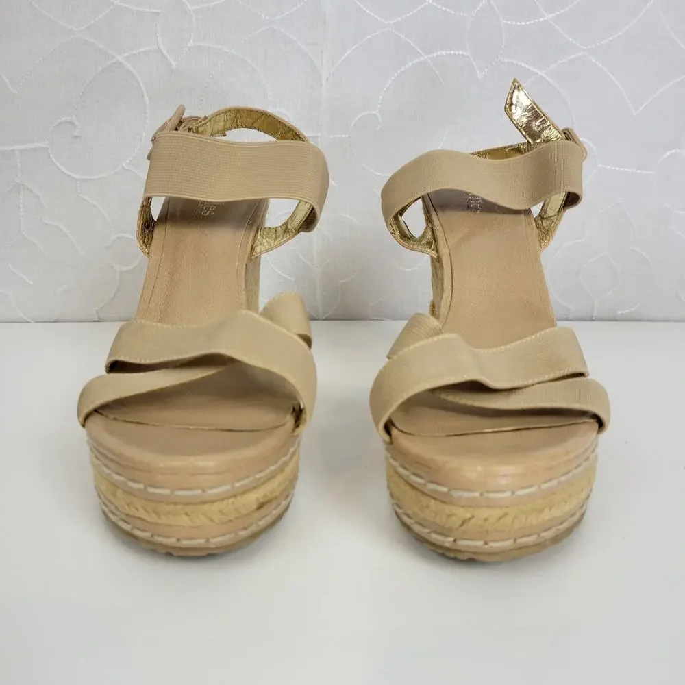 Charles Womens Sandals Size 7.5 Beige Tie Counter Espadrille Platform Wedge